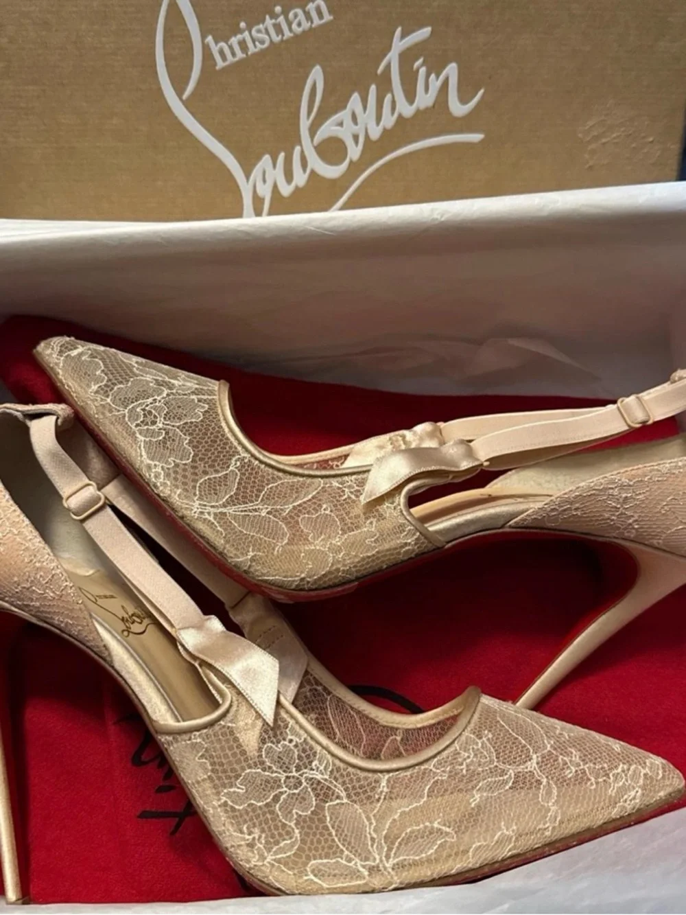 Christian Louboutin Lace Pointed-Toe Ankle Tie Pumps in Beige - Picture 2 of 4
